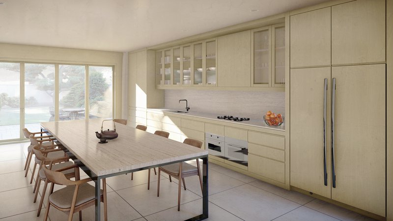 Small Modern Kitchen with full-width doors and adjacent dining.