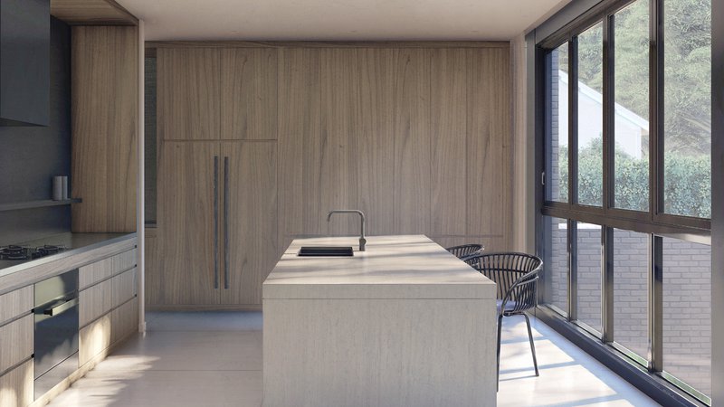 Modern kitchen with island and floor to ceiling windows