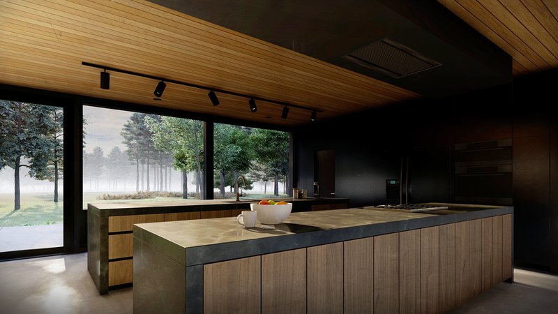 Modern Kitchen with two islands, black cabinets, and floor to ceiling windows